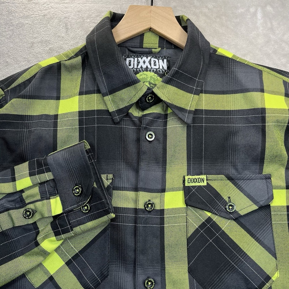 Dixxon Uranium Plaid Flannel Button-Up Shirt Long Sleeve Collared Black Green